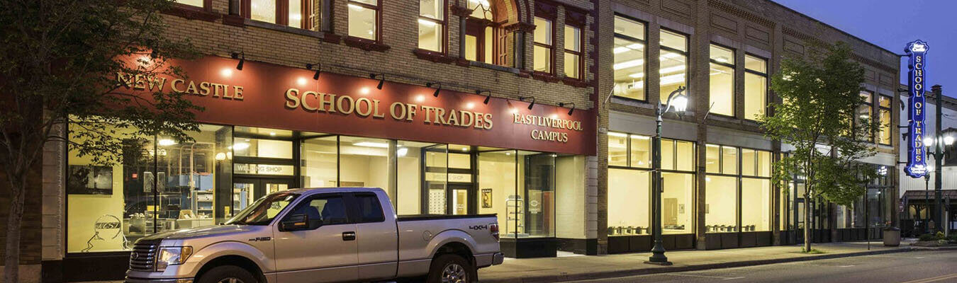 image of exterior street view of East Liverpool Campus at night