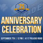 Image of NCST building, a blue overlay with 75th year anniversary logo at the top and text that reads "Anniversary Celebration Recap" in the center. Text at the bottom reads "September 7th | 12 PM | 4117 Pulaski Road"