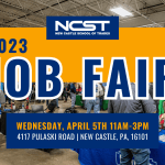 graphic for the NCST job fair with details of event over a photo of a job fair