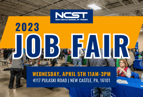 graphic for the NCST job fair with details of event over a photo of a job fair
