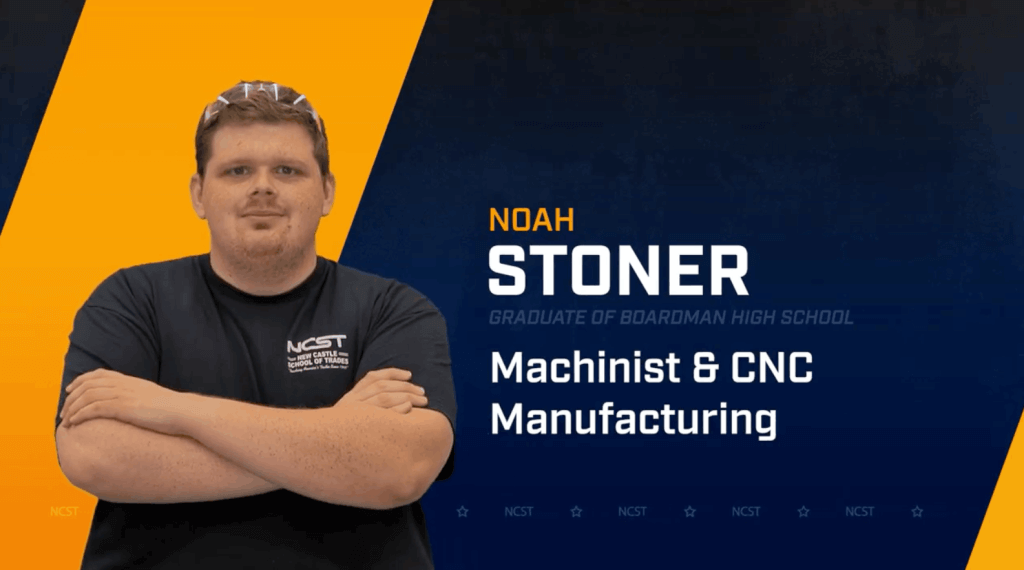 Noah Stoner standing with arms crossed with NCST themed backdrop