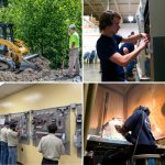 Four-panel collage showing trade school students training in heavy equipment operation, HVAC, electrical systems, and welding programs