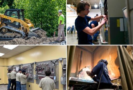 Four-panel collage showing trade school students training in heavy equipment operation, HVAC, electrical systems, and welding programs