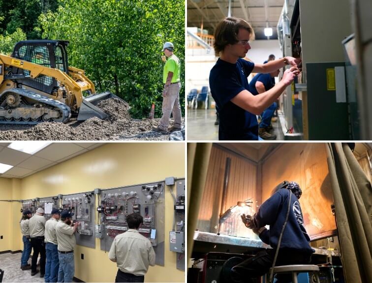 Four-panel collage showing trade school students training in heavy equipment operation, HVAC, electrical systems, and welding programs
